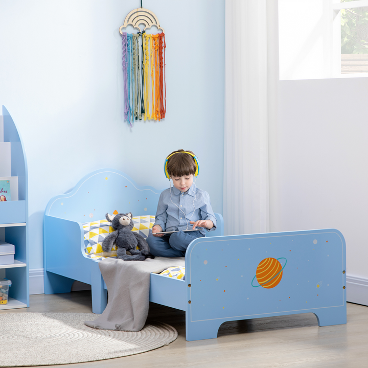 Children's Bed with Rocket & Planets Patterns (Blue) - Fun Space-Themed Toddler Bed, 59 x 143 x 74cm - Premium  from Home Treasures - Just £93.99! Shop now at Home Treasures