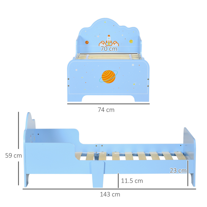 Children's Bed with Rocket & Planets Patterns (Blue) - Fun Space-Themed Toddler Bed, 59 x 143 x 74cm - Premium  from Home Treasures - Just £93.99! Shop now at Home Treasures