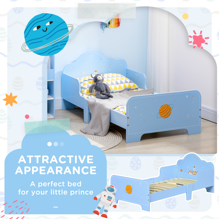 Children's Bed with Rocket & Planets Patterns (Blue) - Fun Space-Themed Toddler Bed, 59 x 143 x 74cm - Premium  from Home Treasures - Just £93.99! Shop now at Home Treasures