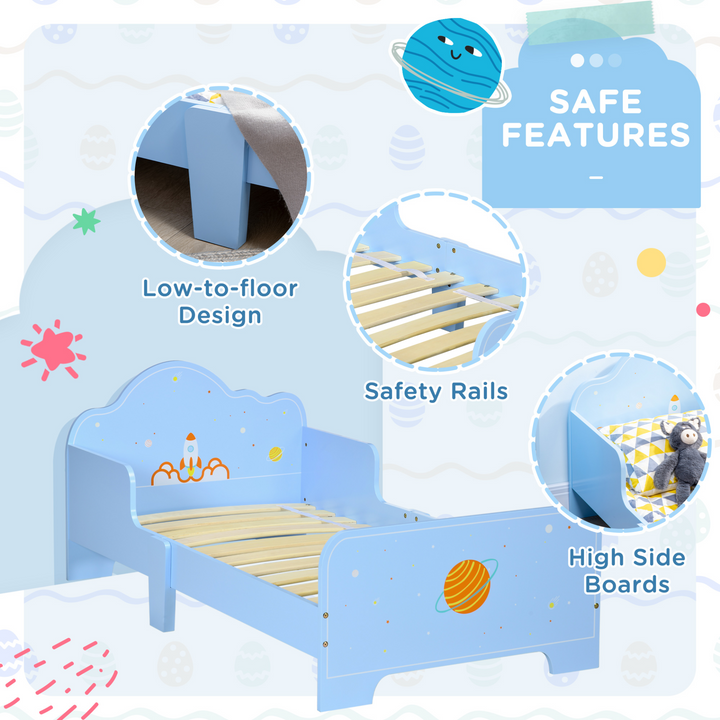 Children's Bed with Rocket & Planets Patterns (Blue) - Fun Space-Themed Toddler Bed, 59 x 143 x 74cm - Premium  from Home Treasures - Just £93.99! Shop now at Home Treasures