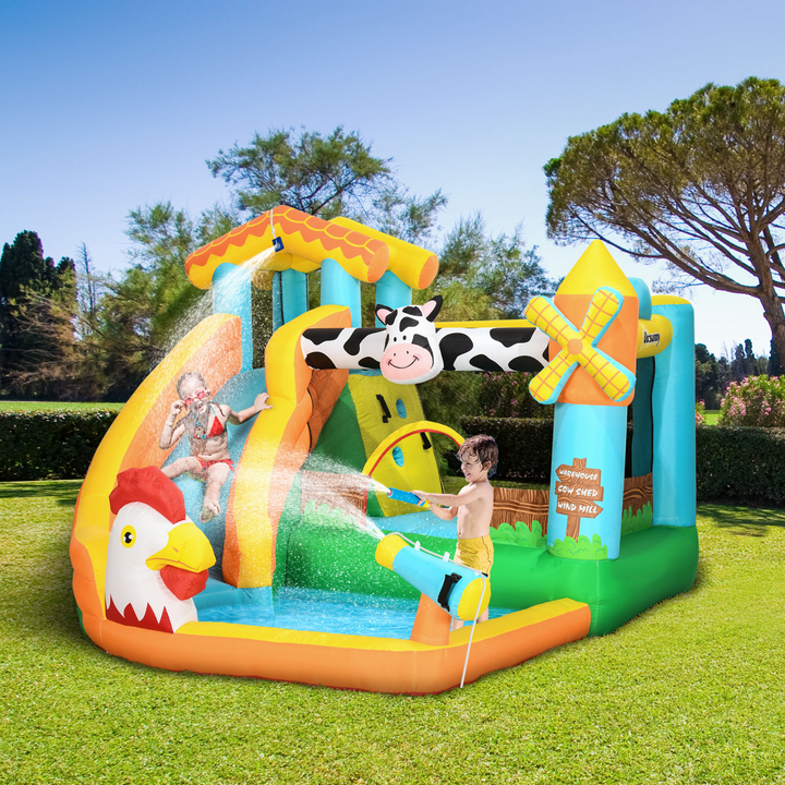 Farm Style Children's Bouncy Castle with Blower and Carry Bag | Fun Slide, Water Cannon, Trampoline, Climbing Wall | Quick Inflation | Safe and Durable for Ages 3-8 - Premium  from Home Treasures - Just £418.99! Shop now at Home Treasures