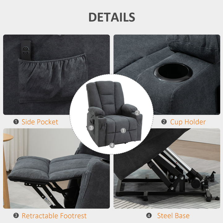 Oversized Lift Recliner Chair - Charcoal Grey, Fabric Upholstered with Remote Control, Side Pockets, and Cup Holder - Premium  from Home Treasures - Just £540.99! Shop now at Home Treasures