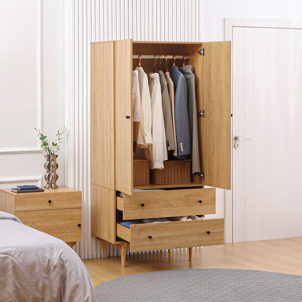 Stylish 2 Door Wardrobe with 2 Drawers and Hanging Rail, Anti-tipping Design, Natural Wood Colour for Bedroom Clothes Storage - Premium  from Home Treasures - Just £182.99! Shop now at Home Treasures