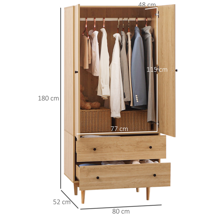 Stylish 2 Door Wardrobe with 2 Drawers and Hanging Rail, Anti-tipping Design, Natural Wood Colour for Bedroom Clothes Storage - Premium  from Home Treasures - Just £182.99! Shop now at Home Treasures