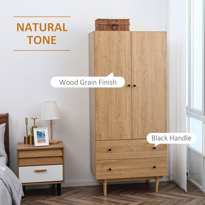 Stylish 2 Door Wardrobe with 2 Drawers and Hanging Rail, Anti-tipping Design, Natural Wood Colour for Bedroom Clothes Storage - Premium  from Home Treasures - Just £182.99! Shop now at Home Treasures