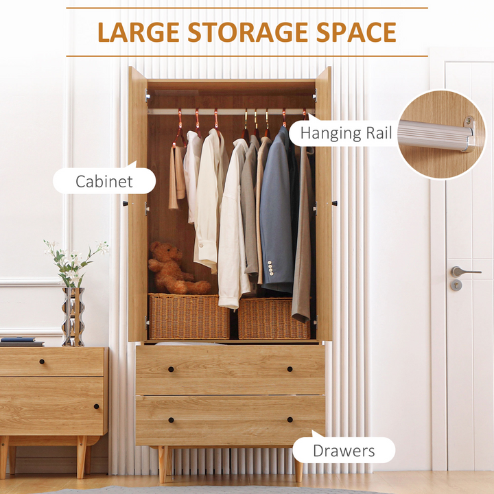 Stylish 2 Door Wardrobe with 2 Drawers and Hanging Rail, Anti-tipping Design, Natural Wood Colour for Bedroom Clothes Storage - Premium  from Home Treasures - Just £182.99! Shop now at Home Treasures