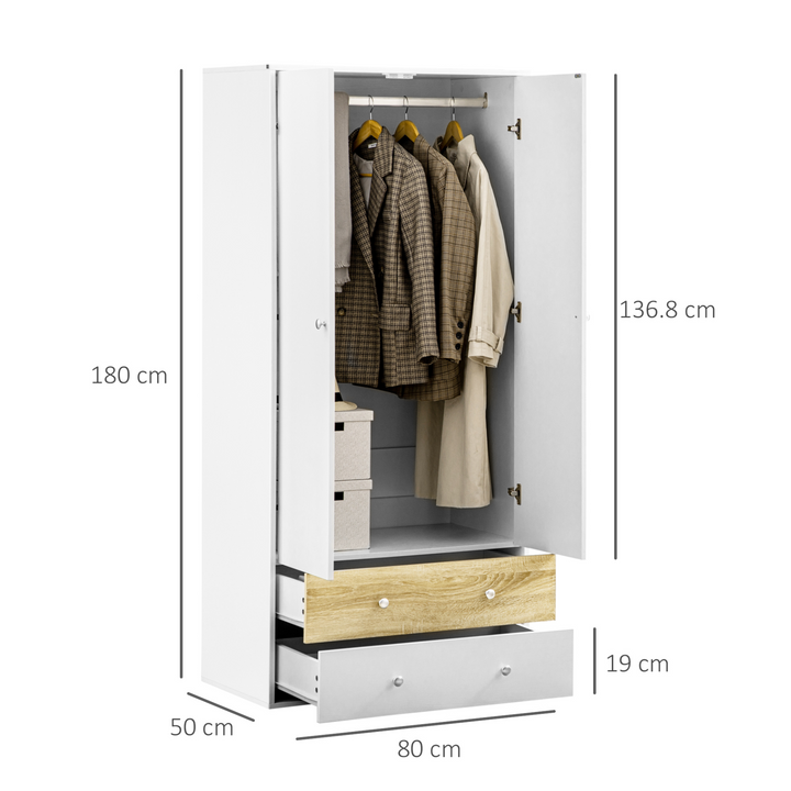 Modern 2-Door Wardrobe with Drawers, Hanging Rod, & Anti-tipping Straps - White - Premium  from Home Treasures - Just £190.99! Shop now at Home Treasures