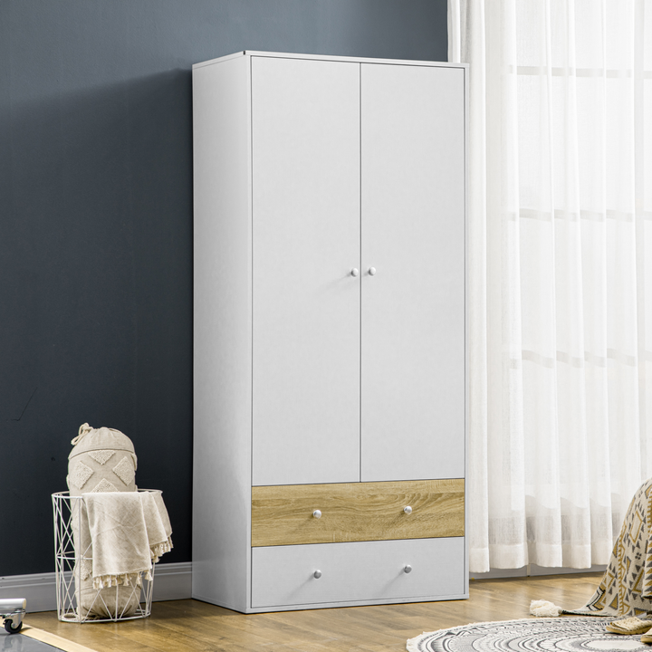 Modern 2-Door Wardrobe with Drawers, Hanging Rod, & Anti-tipping Straps - White - Premium  from Home Treasures - Just £190.99! Shop now at Home Treasures