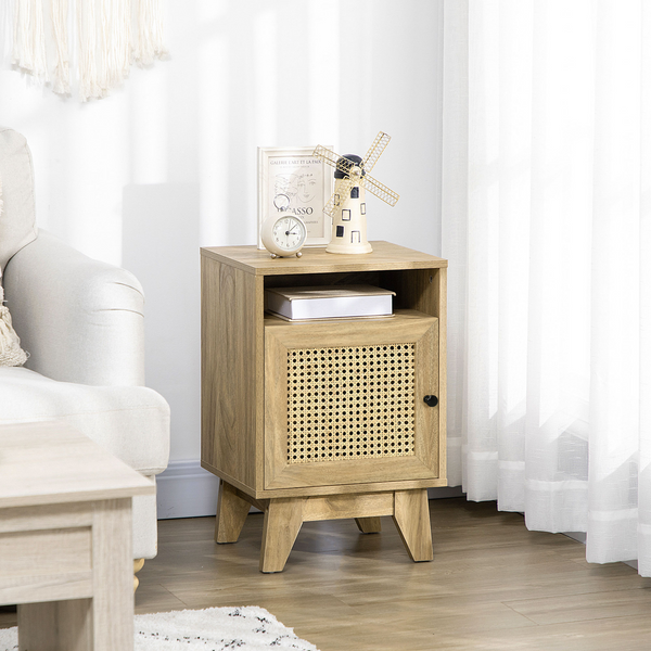 Bedside Table Nightstand with Rattan Storage Shelf and Door Cupboard, Natural Wood Side End Table for Living Room and Bedroom - Premium  from Home Treasures - Just £58.99! Shop now at Home Treasures