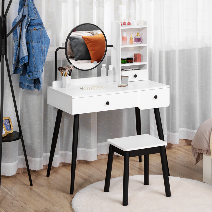 Modern Vanity Makeup Table Set with Mirror, Cushioned Stool, 3 Drawers & Open Shelves - White Dressing Table for Bedroom & Living Room - Premium  from Home Treasures - Just £159.99! Shop now at Home Treasures