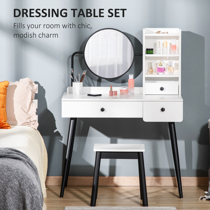 Modern Vanity Makeup Table Set with Mirror, Cushioned Stool, 3 Drawers & Open Shelves - White Dressing Table for Bedroom & Living Room - Premium  from Home Treasures - Just £159.99! Shop now at Home Treasures