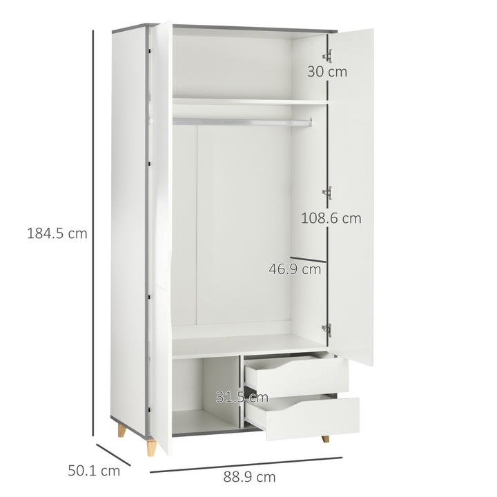 2 Door Wardrobe with 2 Drawers, Hanging Rail, Shelves & Anti-tipping Design - White Bedroom Clothes Storage Organiser - Premium  from Home Treasures - Just £256.99! Shop now at Home Treasures