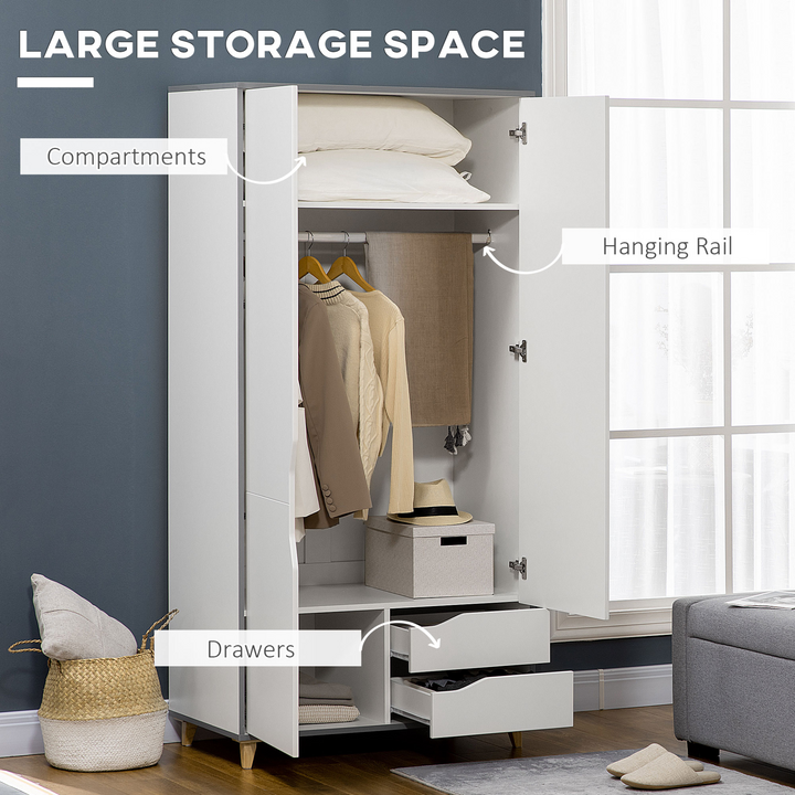 2 Door Wardrobe with 2 Drawers, Hanging Rail, Shelves & Anti-tipping Design - White Bedroom Clothes Storage Organiser - Premium  from Home Treasures - Just £256.99! Shop now at Home Treasures