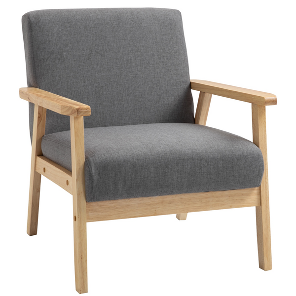 Elegant Minimalistic Accent Chair w/ Thick Grey Linen Cushions - Modern Wooden Frame & Comfortable Design - Premium  from Home Treasures - Just £112.99! Shop now at Home Treasures