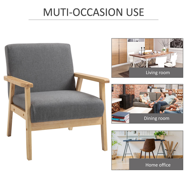 Elegant Minimalistic Accent Chair w/ Thick Grey Linen Cushions - Modern Wooden Frame & Comfortable Design - Premium  from Home Treasures - Just £112.99! Shop now at Home Treasures