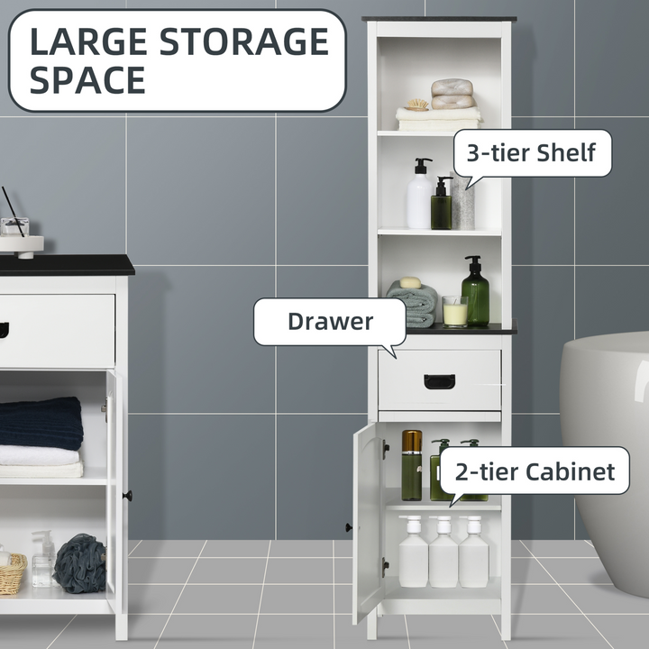 Freestanding Tallboy Storage Unit with Drawers & Adjustable Shelves, White, 160 x 40 x 30cm - Modern Bathroom Organizer - Premium  from Home Treasures - Just £94.99! Shop now at Home Treasures