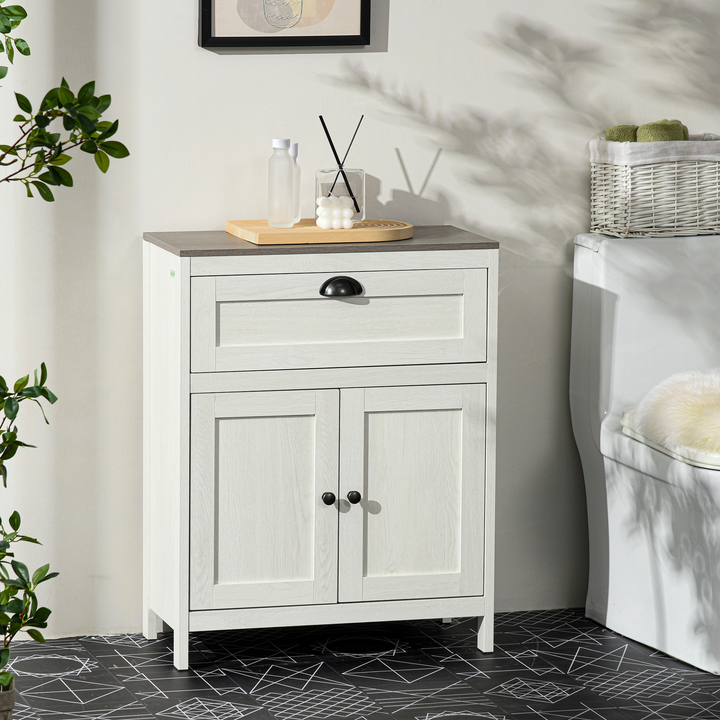 White Bathroom Floor Cabinet with Drawer and Adjustable Shelf – Stylish Freestanding Storage Cupboard, Double Door Cabinet for Bathroom Essentials - Premium  from Home Treasures - Just £76.99! Shop now at Home Treasures