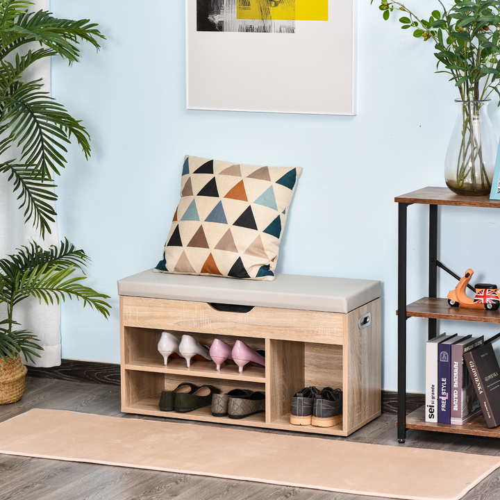 Oak Tone Shoes Cabinet Bench with Hidden Storage & Padded Seat - Perfect Hallway Footwear Rack - Premium  from Home Treasures - Just £64.99! Shop now at Home Treasures