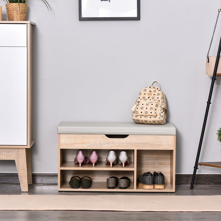 Oak Tone Shoes Cabinet Bench with Hidden Storage & Padded Seat - Perfect Hallway Footwear Rack - Premium  from Home Treasures - Just £64.99! Shop now at Home Treasures