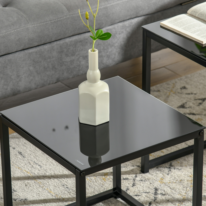 Modern Style Bedside Tables with Tempered Glass (Black) - Set of 2, Sleek Nesting Design, Durable Steel Frame - Premium  from Home Treasures - Just £73.99! Shop now at Home Treasures