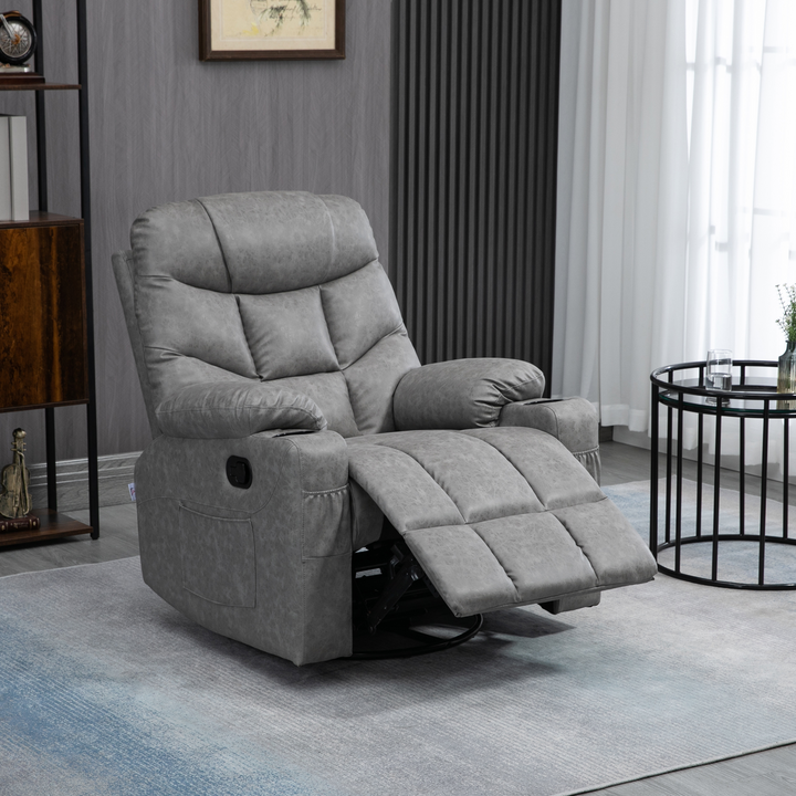 Light Grey Overstuffed PU Leather Manual Recliner Chair with Footrest, Cup Holders, and Side Pockets - Perfect for Living Room & Bedroom - Premium  from Home Treasures - Just £325.99! Shop now at Home Treasures