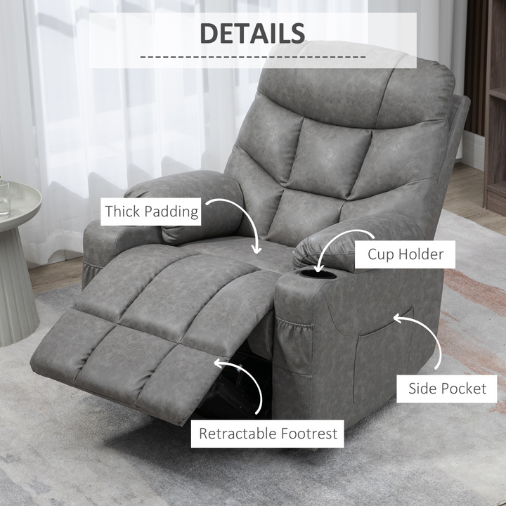 Light Grey Overstuffed PU Leather Manual Recliner Chair with Footrest, Cup Holders, and Side Pockets - Perfect for Living Room & Bedroom - Premium  from Home Treasures - Just £325.99! Shop now at Home Treasures