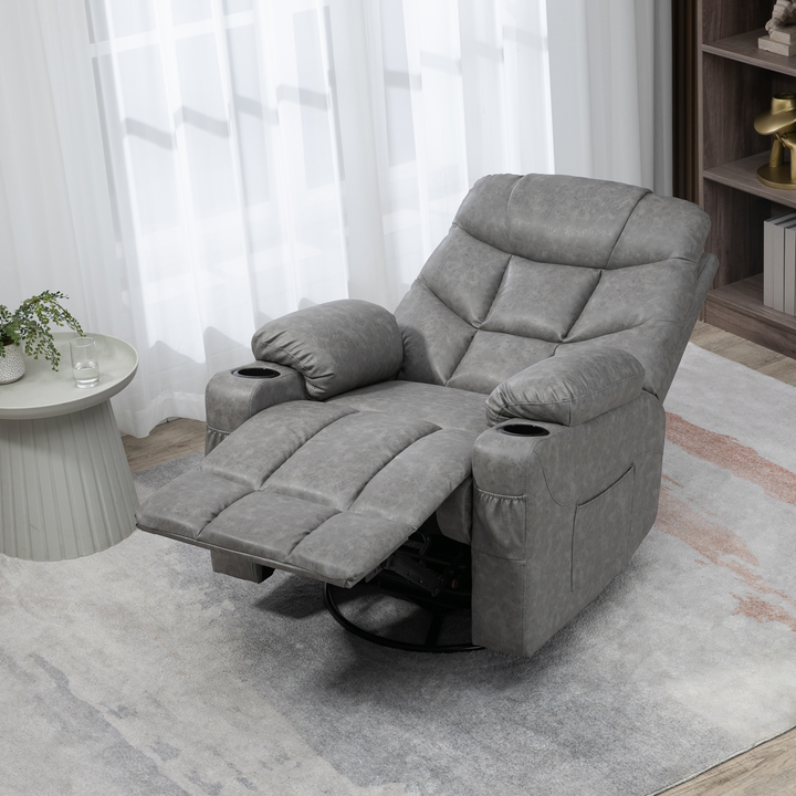 Light Grey Overstuffed PU Leather Manual Recliner Chair with Footrest, Cup Holders, and Side Pockets - Perfect for Living Room & Bedroom - Premium  from Home Treasures - Just £325.99! Shop now at Home Treasures