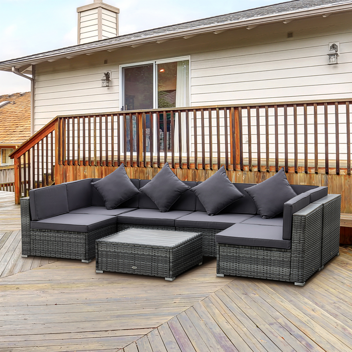 Stylish Grey Wicker Weave Rattan Sectional Sofa Set with Acacia Table and Cushions - Perfect for Outdoor Living - Premium  from Home Treasures - Just £818.99! Shop now at Home Treasures