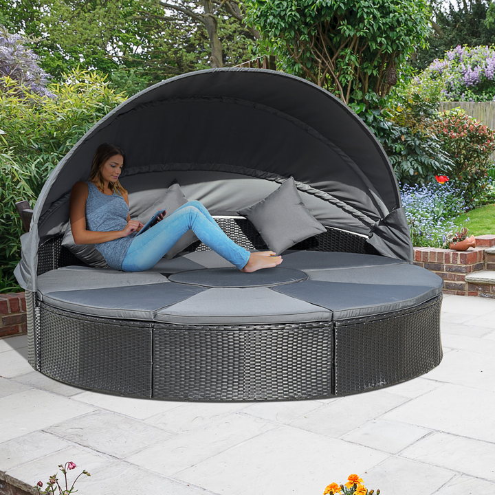 Luxurious Wicker Weave Rattan Daybed Set with Cushions, Coffee Table & Canopy (Black) - Perfect for Garden & Patio - Premium  from Home Treasures - Just £776.99! Shop now at Home Treasures