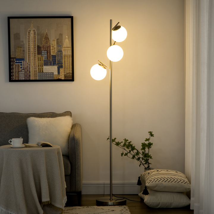 Modern 3-Light Tree Floor Lamp with Globe Lampshades & Steel Base - Perfect for Living Room & Bedroom - Silver - Premium  from Home Treasures - Just £67.99! Shop now at Home Treasures