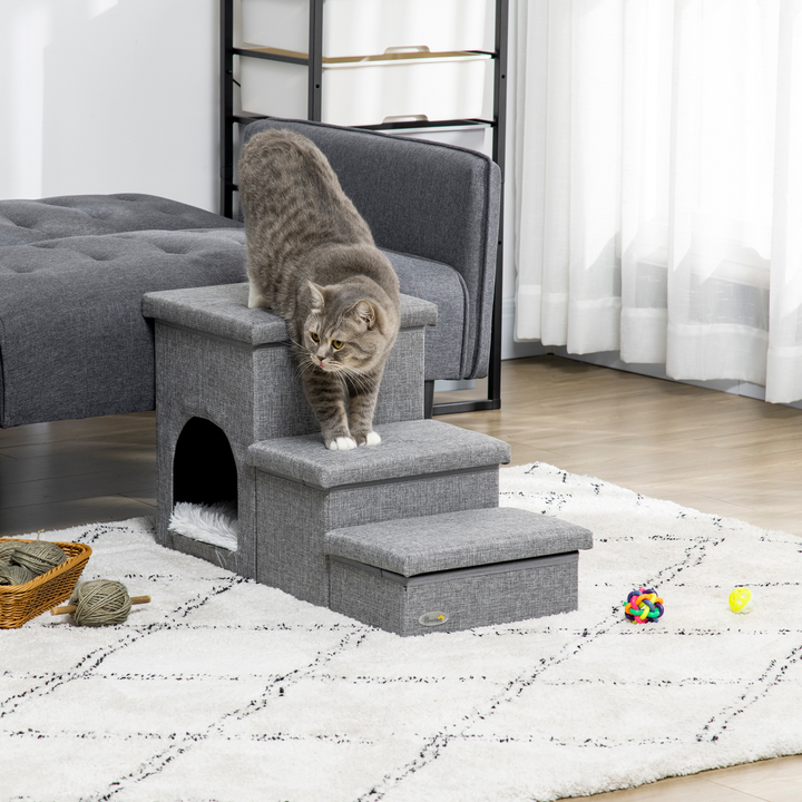 PawHut Light Grey 3-Step Dog Stairs with Kitten House & Storage Boxes – Versatile 3-in-1 Pet Ramp with Washable Plush Cushion - Premium  from Home Treasures - Just £53.99! Shop now at Home Treasures