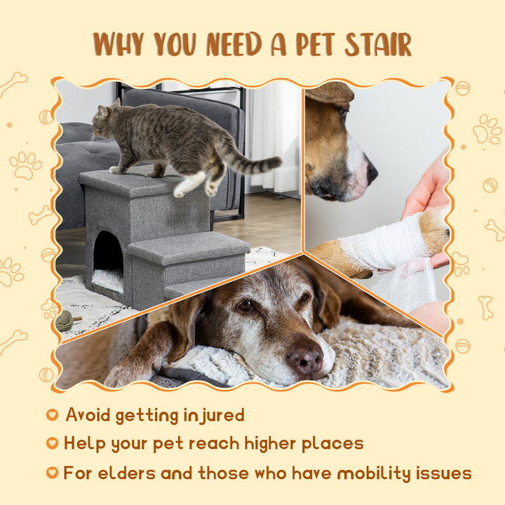 PawHut Light Grey 3-Step Dog Stairs with Kitten House & Storage Boxes – Versatile 3-in-1 Pet Ramp with Washable Plush Cushion - Premium  from Home Treasures - Just £53.99! Shop now at Home Treasures