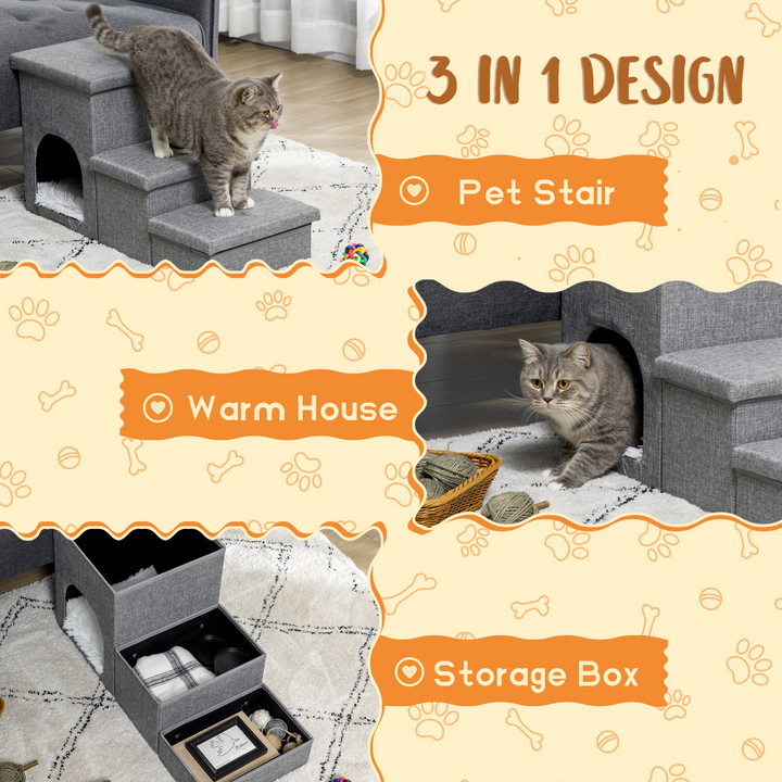 PawHut Light Grey 3-Step Dog Stairs with Kitten House & Storage Boxes – Versatile 3-in-1 Pet Ramp with Washable Plush Cushion - Premium  from Home Treasures - Just £53.99! Shop now at Home Treasures