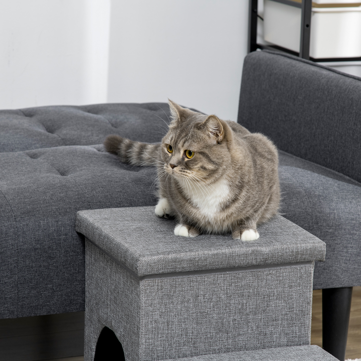 PawHut Light Grey 3-Step Dog Stairs with Kitten House & Storage Boxes – Versatile 3-in-1 Pet Ramp with Washable Plush Cushion - Premium  from Home Treasures - Just £53.99! Shop now at Home Treasures