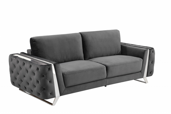 90" Dark Grey Velvet And Chrome Stainless Steel Standard Sofa