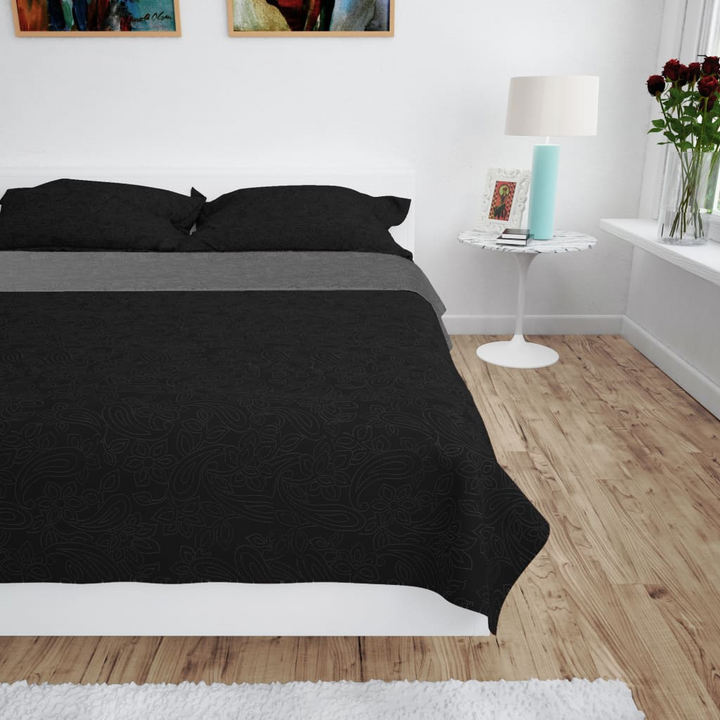 Reversible Quilted Bedspread 230x260 cm - Grey and Black - Floral Pattern - Soft Microfibre - Machine Washable - Premium  from Home Treasures - Just £25.99! Shop now at Home Treasures