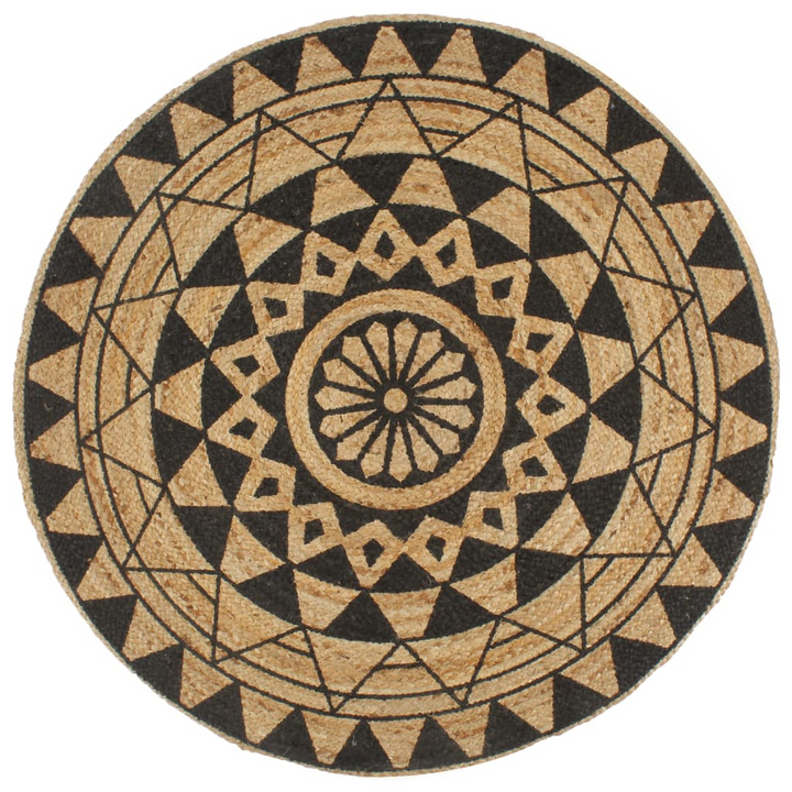 120cm Handmade Jute Rug with Black Floral Print - Natural & Durable Braided Carpet - Premium  from Home Treasures - Just £44.99! Shop now at Home Treasures