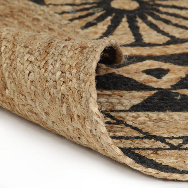 120cm Handmade Jute Rug with Black Floral Print - Natural & Durable Braided Carpet - Premium  from Home Treasures - Just £44.99! Shop now at Home Treasures