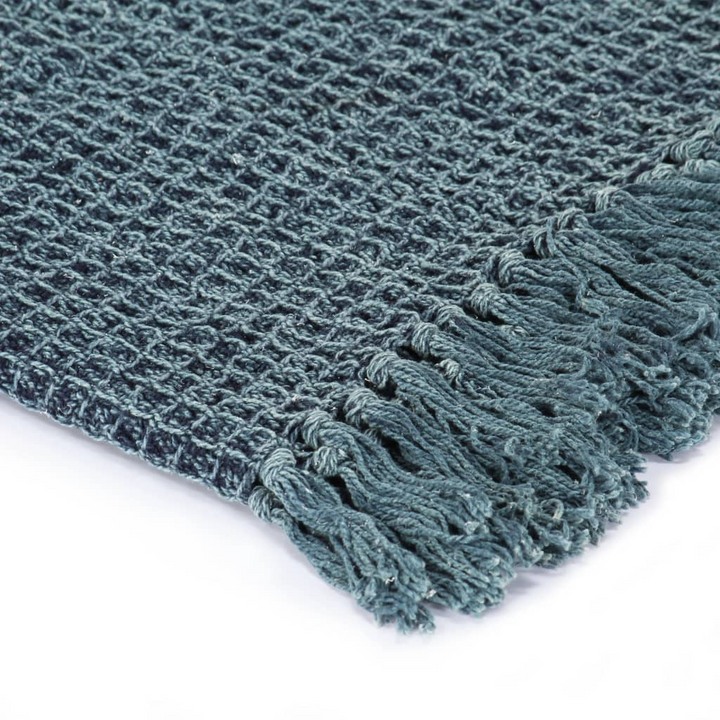 Indigo Blue Cotton Throw Blanket - Soft & Cosy with Trendy Tassels, 160x210 cm - Perfect for Sofa, Bed, or Chair - Premium  from Home Treasures - Just £35.99! Shop now at Home Treasures