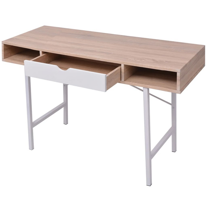 Stylish White & Oak Work Desk with Drawer - Durable MDF Top & Metal Legs - Perfect for Home & Office - Premium  from Home Treasures - Just £107.99! Shop now at Home Treasures