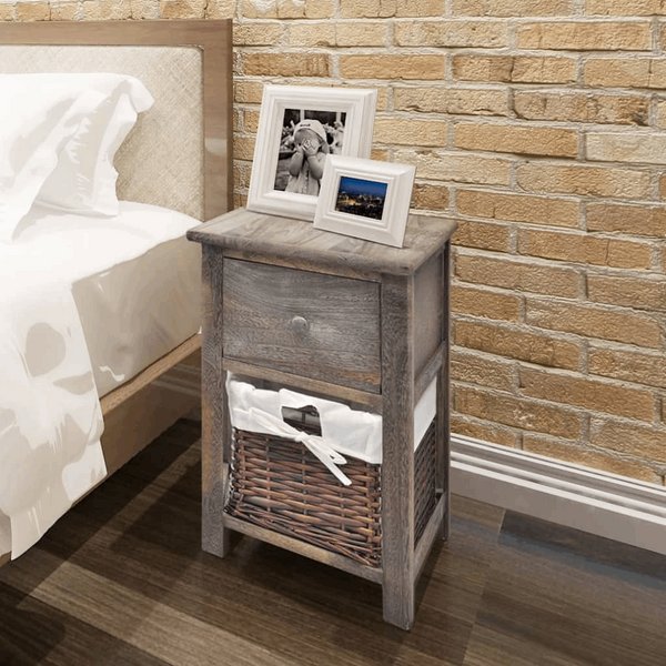 Rustic Wooden Bedside Cabinet with Drawer & Wicker Basket - Brown, 28 x 31 x 45cm - Premium  from Home Treasures - Just £59.99! Shop now at Home Treasures