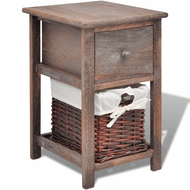 Rustic Wooden Bedside Cabinet with Drawer & Wicker Basket - Brown, 28 x 31 x 45cm - Premium  from Home Treasures - Just £59.99! Shop now at Home Treasures