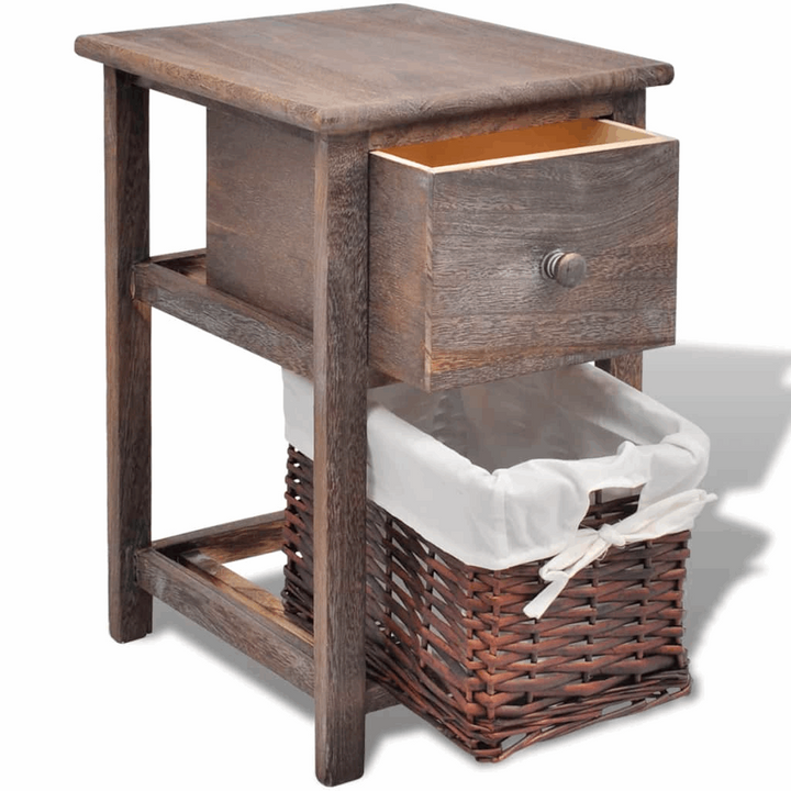 Rustic Wooden Bedside Cabinet with Drawer & Wicker Basket - Brown, 28 x 31 x 45cm - Premium  from Home Treasures - Just £59.99! Shop now at Home Treasures