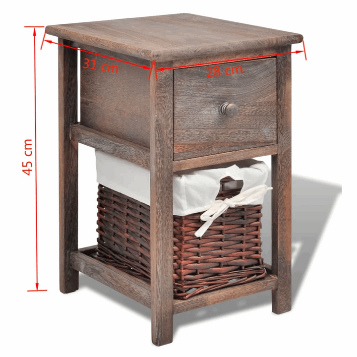 Rustic Wooden Bedside Cabinet with Drawer & Wicker Basket - Brown, 28 x 31 x 45cm - Premium  from Home Treasures - Just £59.99! Shop now at Home Treasures