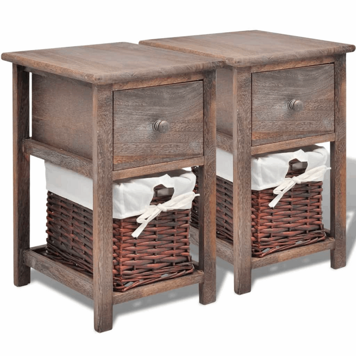 Rustic Bedside Cabinets, Set of 2 in Brown - 28 x 31 x 45 cm - Compact Nightstands with Drawer and Wicker Basket Storage - Premium  from Home Treasures - Just £103.99! Shop now at Home Treasures