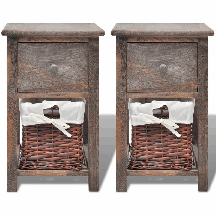 Rustic Bedside Cabinets, Set of 2 in Brown - 28 x 31 x 45 cm - Compact Nightstands with Drawer and Wicker Basket Storage - Premium  from Home Treasures - Just £103.99! Shop now at Home Treasures