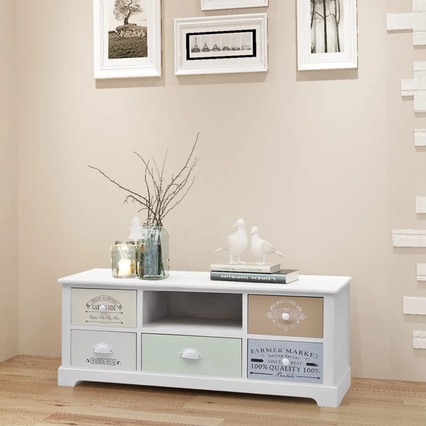 French Style TV Cabinet in White - 100 x 35 x 40cm | Vintage French Country Lowboard with 5 Drawers - Premium  from Home Treasures - Just £115.99! Shop now at Home Treasures