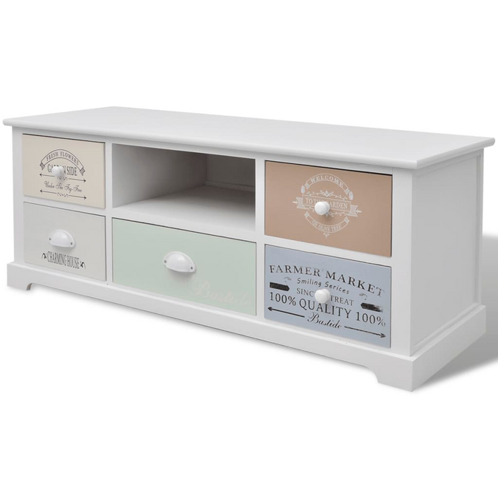 French Style TV Cabinet in White - 100 x 35 x 40cm | Vintage French Country Lowboard with 5 Drawers - Premium  from Home Treasures - Just £115.99! Shop now at Home Treasures