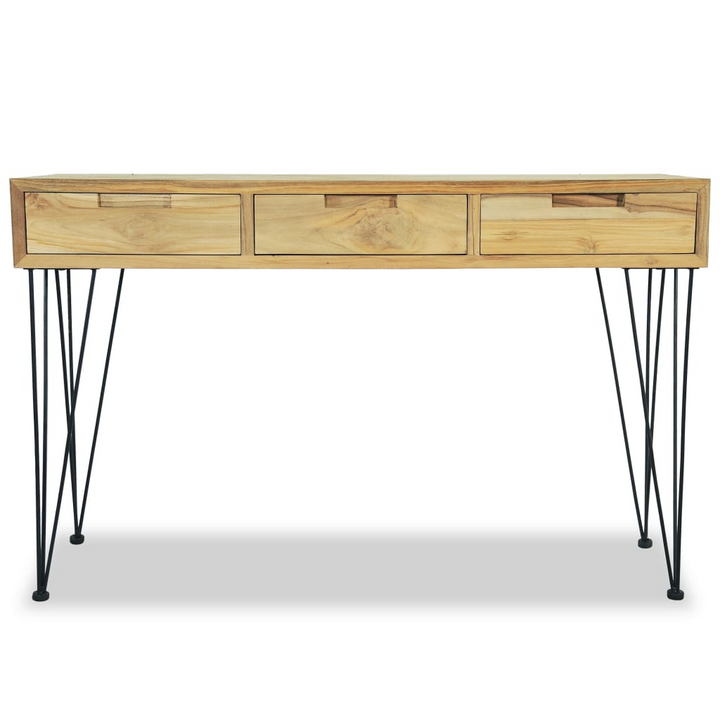 Solid Teak Console Table 120 x 35 x 76 cm - Rustic Charm with Three Drawers & Wrought Iron Legs - Premium  from Home Treasures - Just £170.99! Shop now at Home Treasures