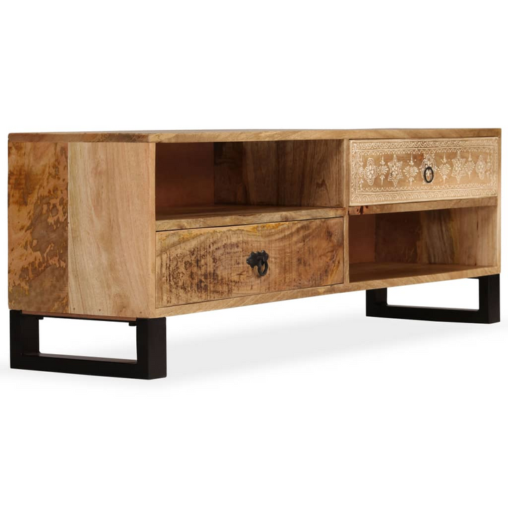 Solid Mango Wood TV Cabinet with Steel Legs - Vintage Hand-Painted Retro Style, 2 Shelves & 2 Drawers, 120cm - Premium  from Home Treasures - Just £289.99! Shop now at Home Treasures